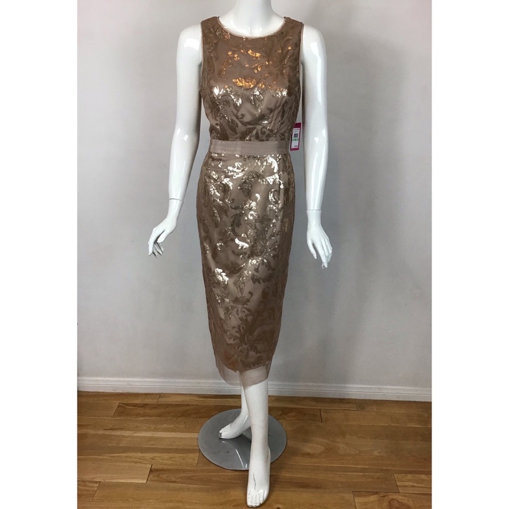 Vince Camuto sequin design open back detail champagne formal party midi dress